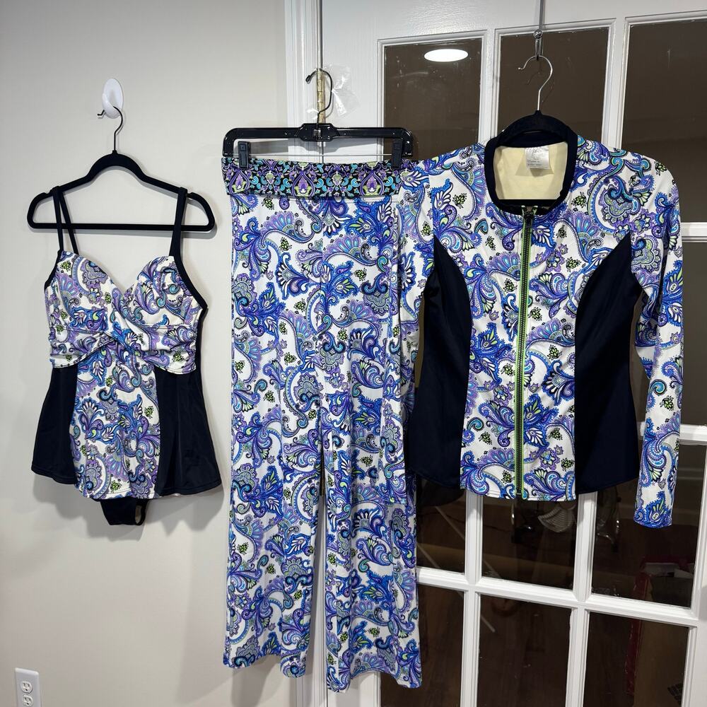 Fit 4 U 3PC Swim Suit Set Purple Paisley One Piece Cover Up Rash Guard Size 12